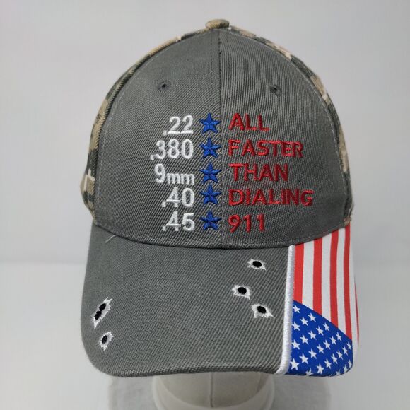 All Faster Than Dialing 911 USA Flag Strapback Hat Camouflage OSFM Patriotic - Picture 2 of 8